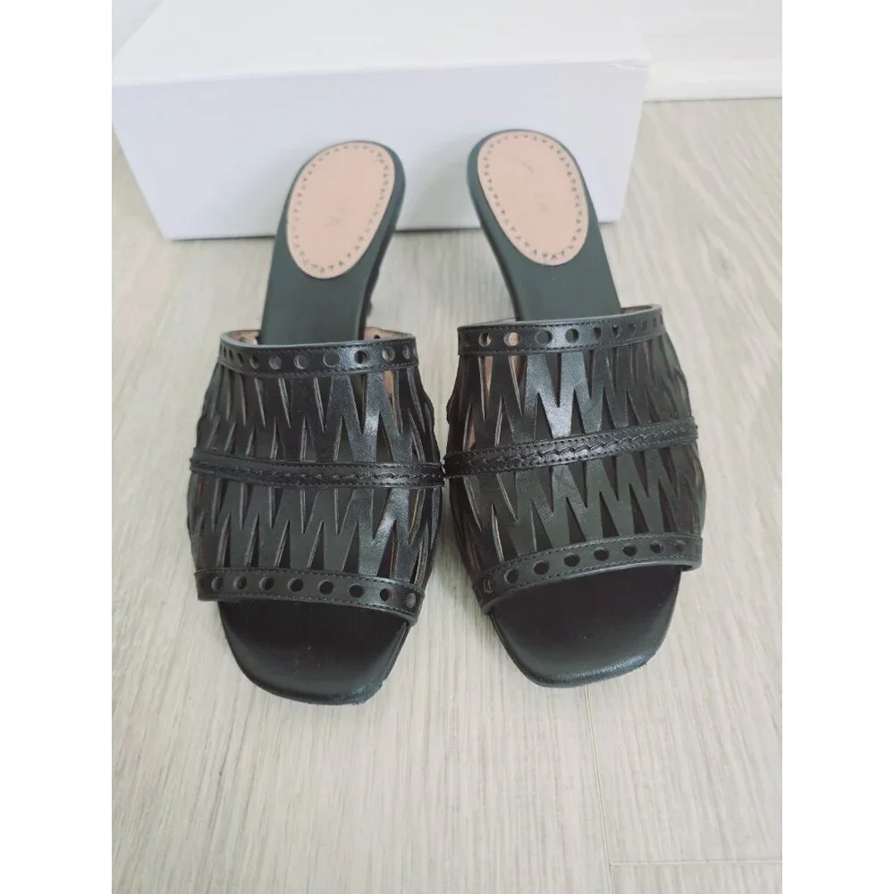 Alaia Paris Cutout Leather Black Slip On Open Toe Kitten Heels Mules Shoes 37 7 - Picture 5 of 11